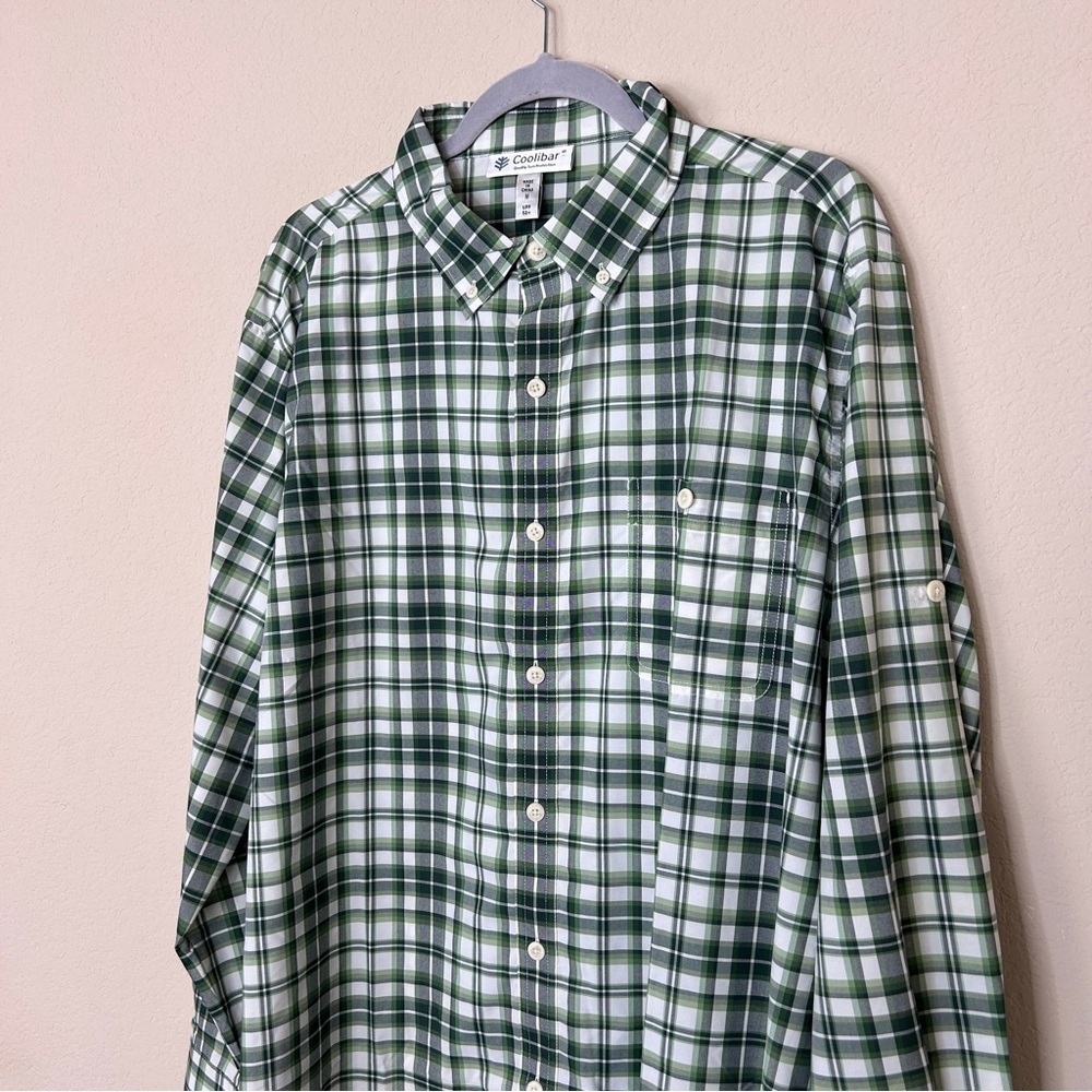 Coolibar men’s long sleeve green check plaid button down size L